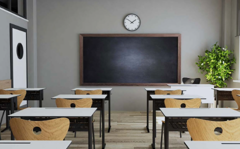 Leeg klaslokaal met een schoolbord, houten stoelen en een plant bij het raam.